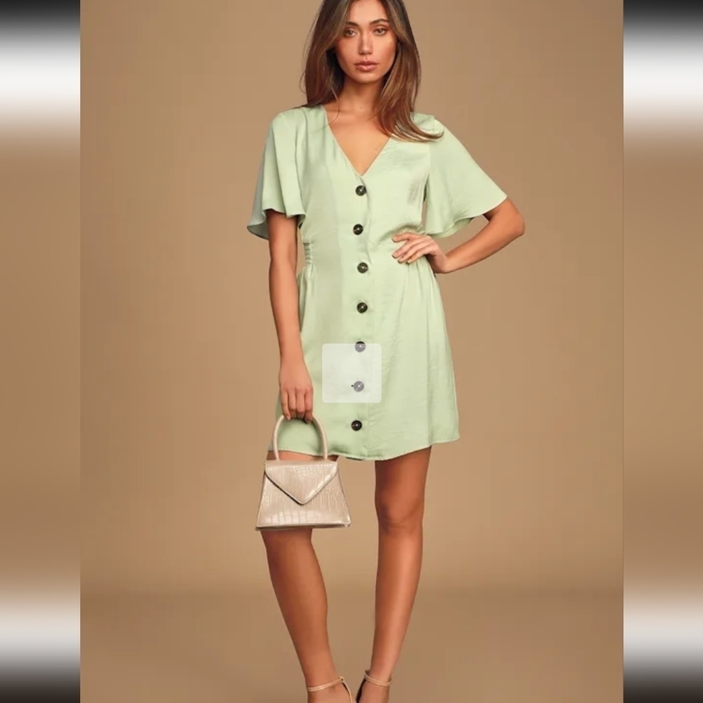 Lulu's, Mint Green,Elegant Green Button-Down Dress, Size S